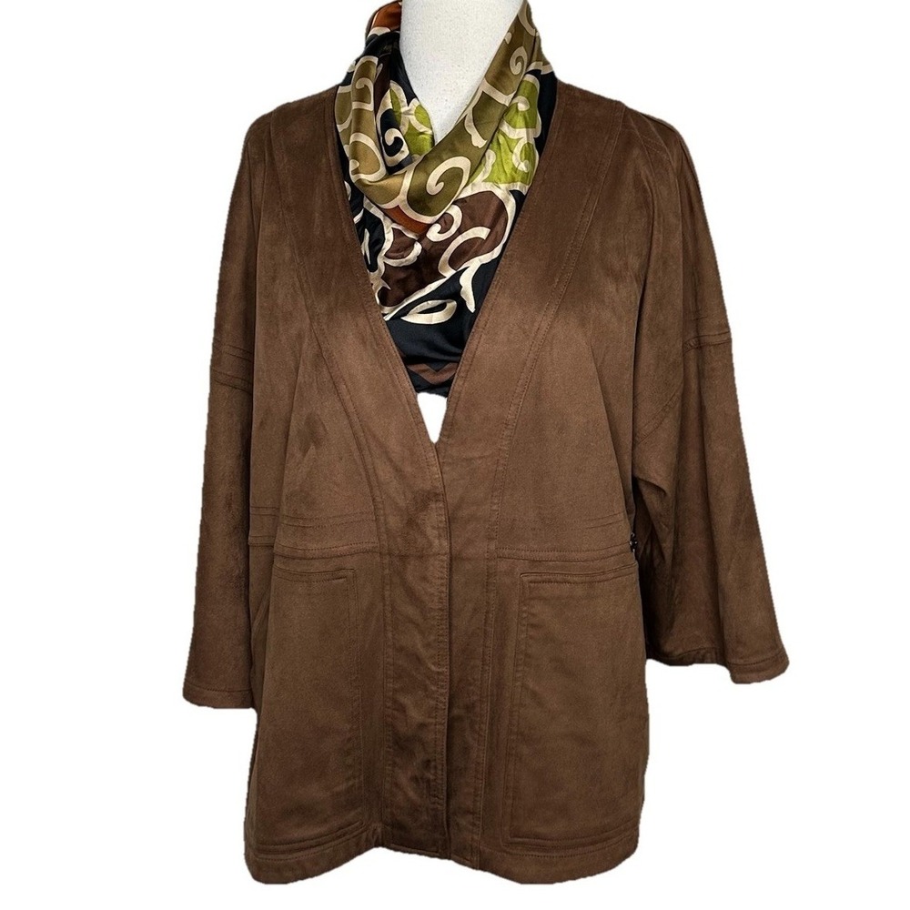 Bob Timberlake Faux Suede Jacket M/L Brown Kimono Open Front 3/4 Sleeve Pockets